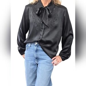 Vintage Suzelle Silk Bow Blouse Size 8 Black Embroidered Secretary